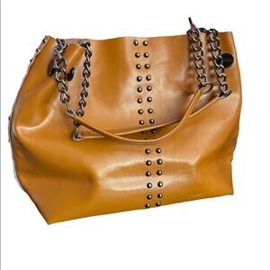 Unbranded Genuine Leather Satchel Shoulder Handbag Studded Chain Strap Brown